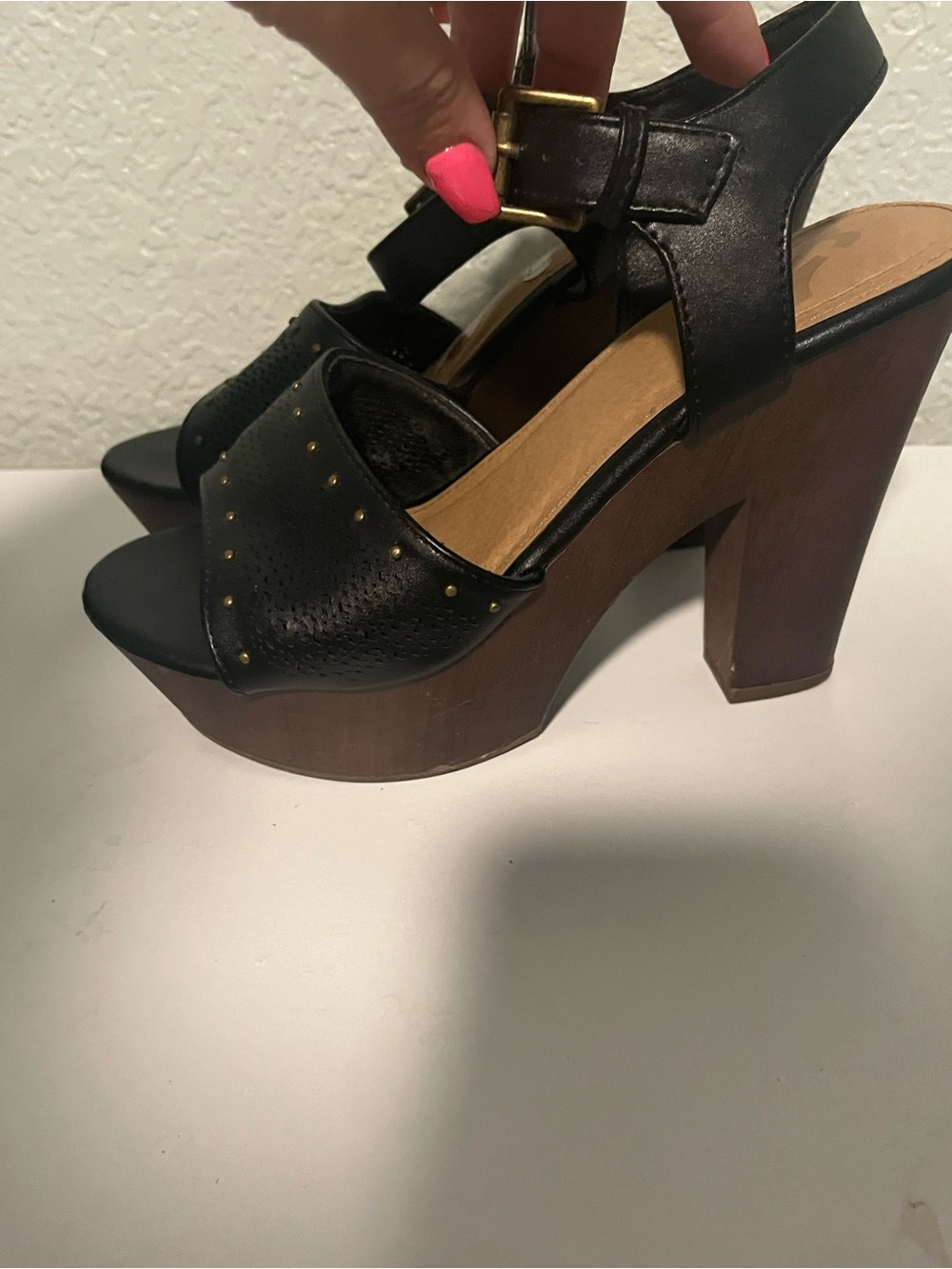 Women's Black Platform Ankle-Strap Block Heels